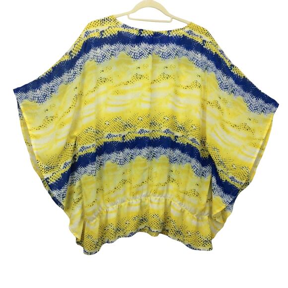 Fucsia Poncho Top/Blouse Women's Size 3X Blue/Yellow Boho Flowy Sheer Colorful - Picture 7 of 7